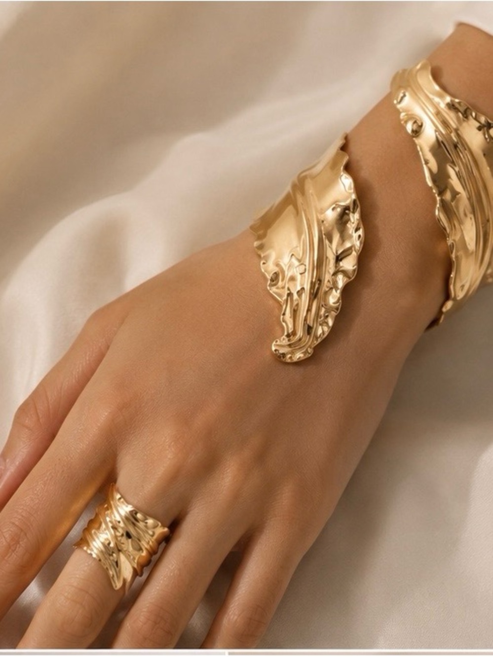 Sculpted Wave Gold Bracelet and Ring Set - Women's Jewelry